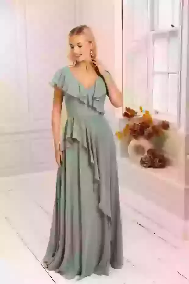 Charmeuse and chiffon bridesmaid dress with ruffle discount